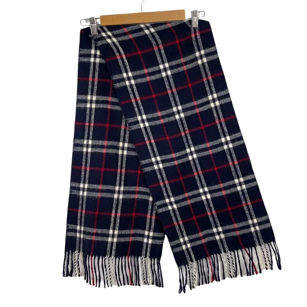 Blue and White Plaid Fringe Scarf Wool Touch